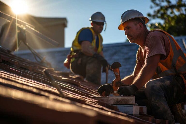 Roofing crew removing old shingles from a residential home, with tarps and ladders set up around the property.