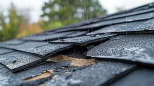 Homeowner checks gutters and roof edges before leaving for vacation, with a ladder and travel bag nearby.